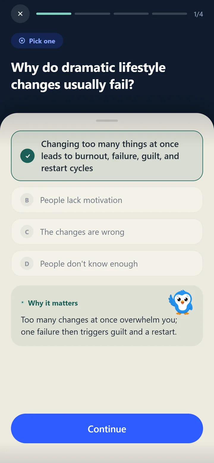 The quick check after an episode: a question with the right answer ticked and why it matters