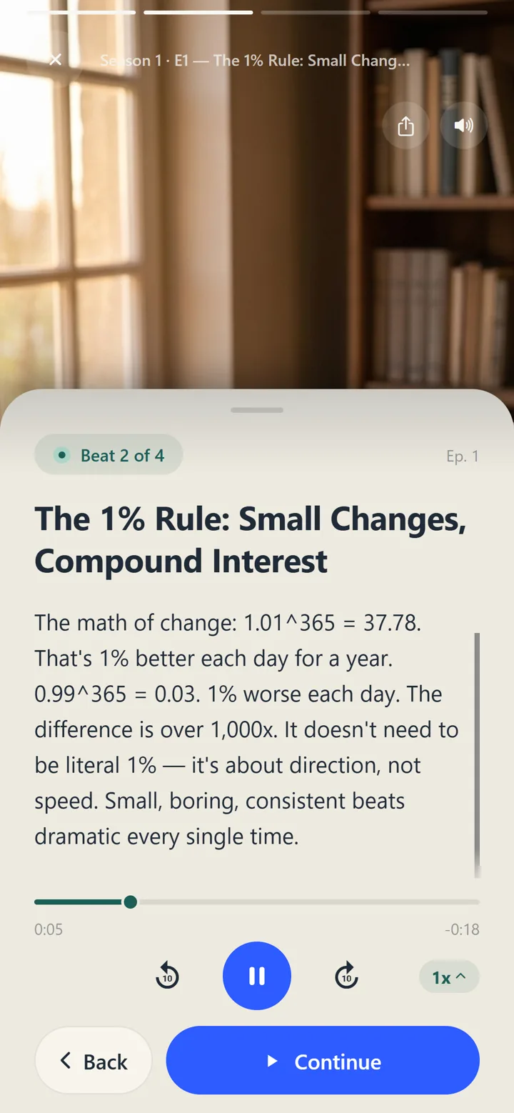 An episode in the PASO app: the text of the beat, read aloud, with play, skip and speed controls